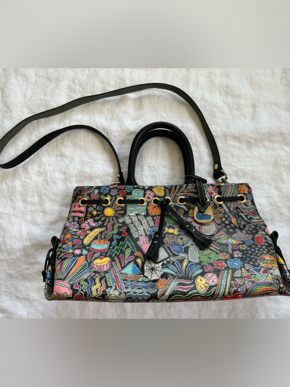 RARE Vintage Dooney & Bourke Whimsy Tassel Tote Graffiti Doodle Crossbody Bag